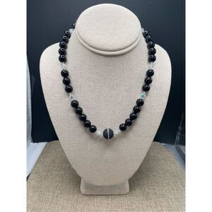 Vintage Tourmaline Black Beaded Choker Necklace with Silver Ball Push Clasp
